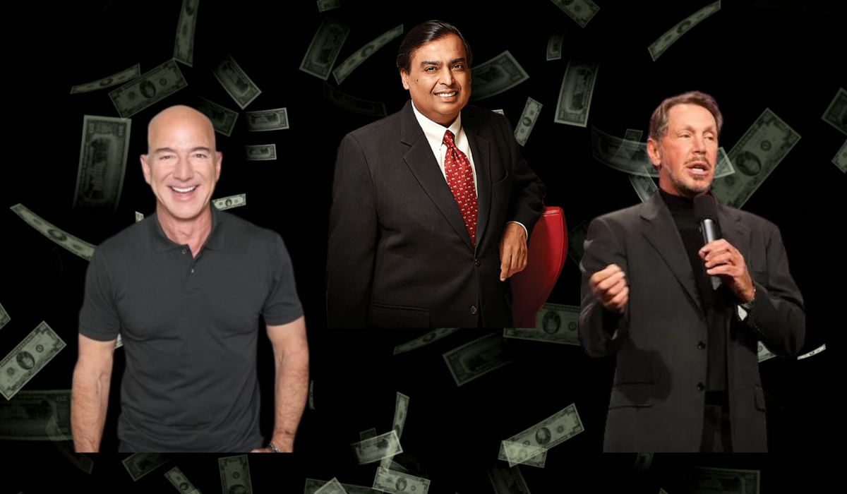 photo: From left to right:Bezos, Ambani, Larry Ellison 